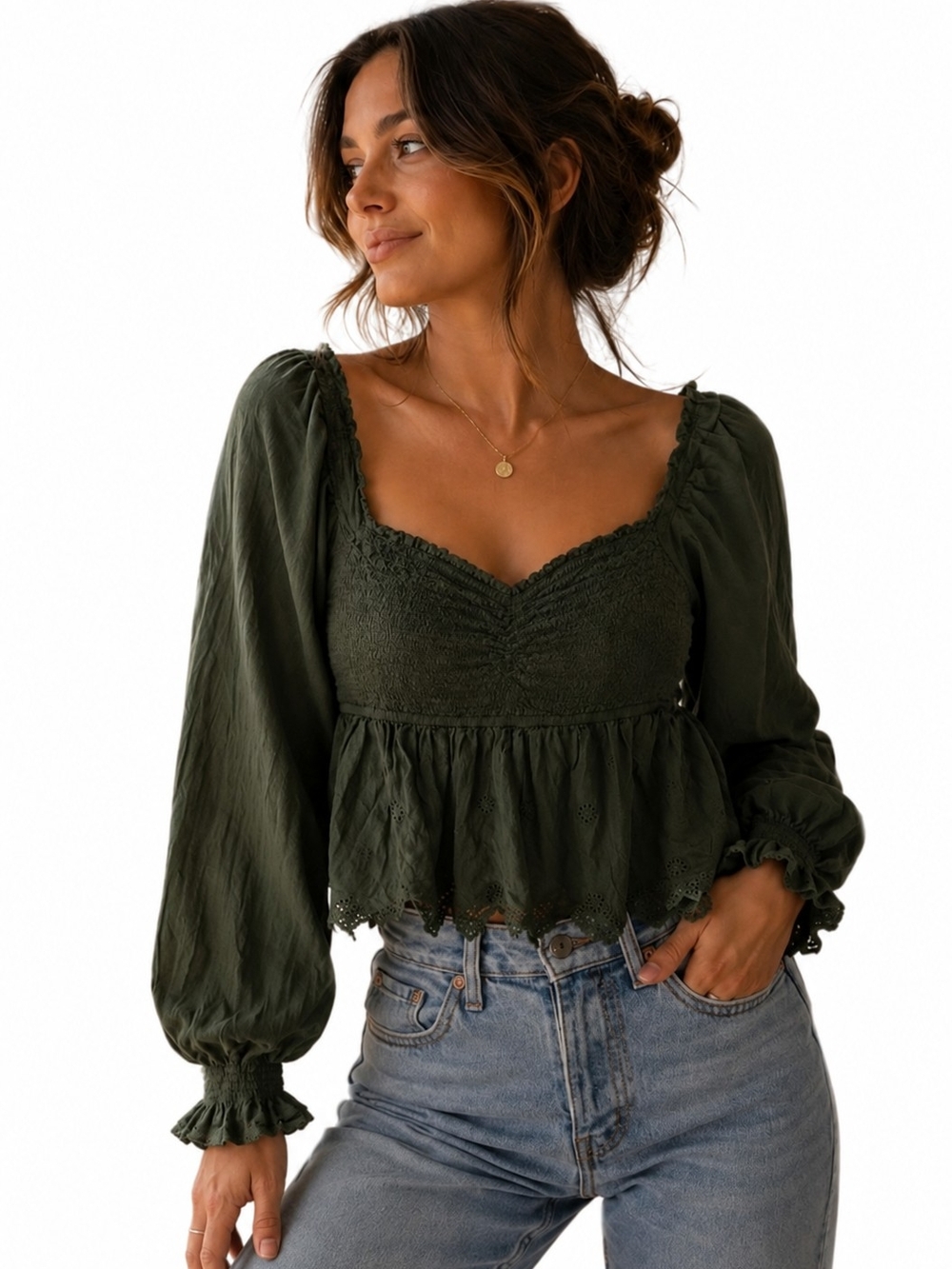 American Eagle Olive Green Smocked Peplum Eyelet Top Size Medium cotton